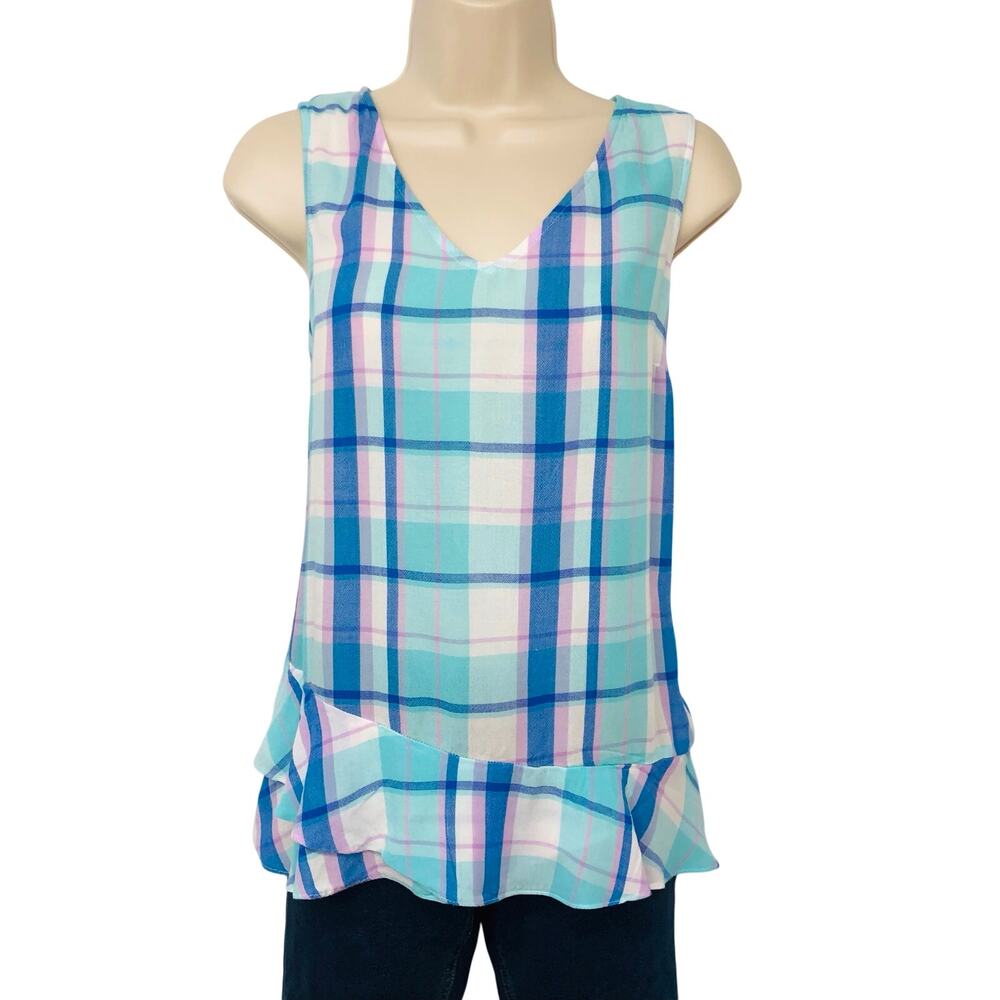 a.n.a. Blue White Pink Plaid Sleeveless Top Ruffled Trim Hem - Picture 13 of 16